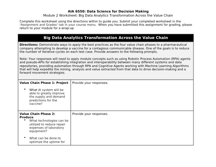Module 2 Worksheet - Big Data Analytics and the Value Chain