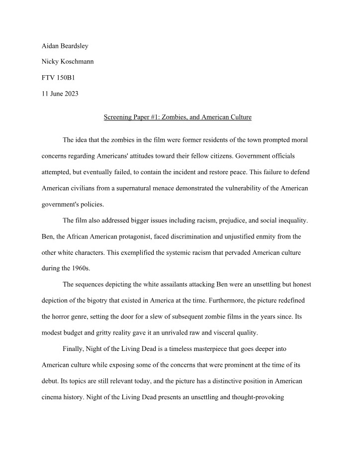 Zombies and American Culture - Screening Paper 1