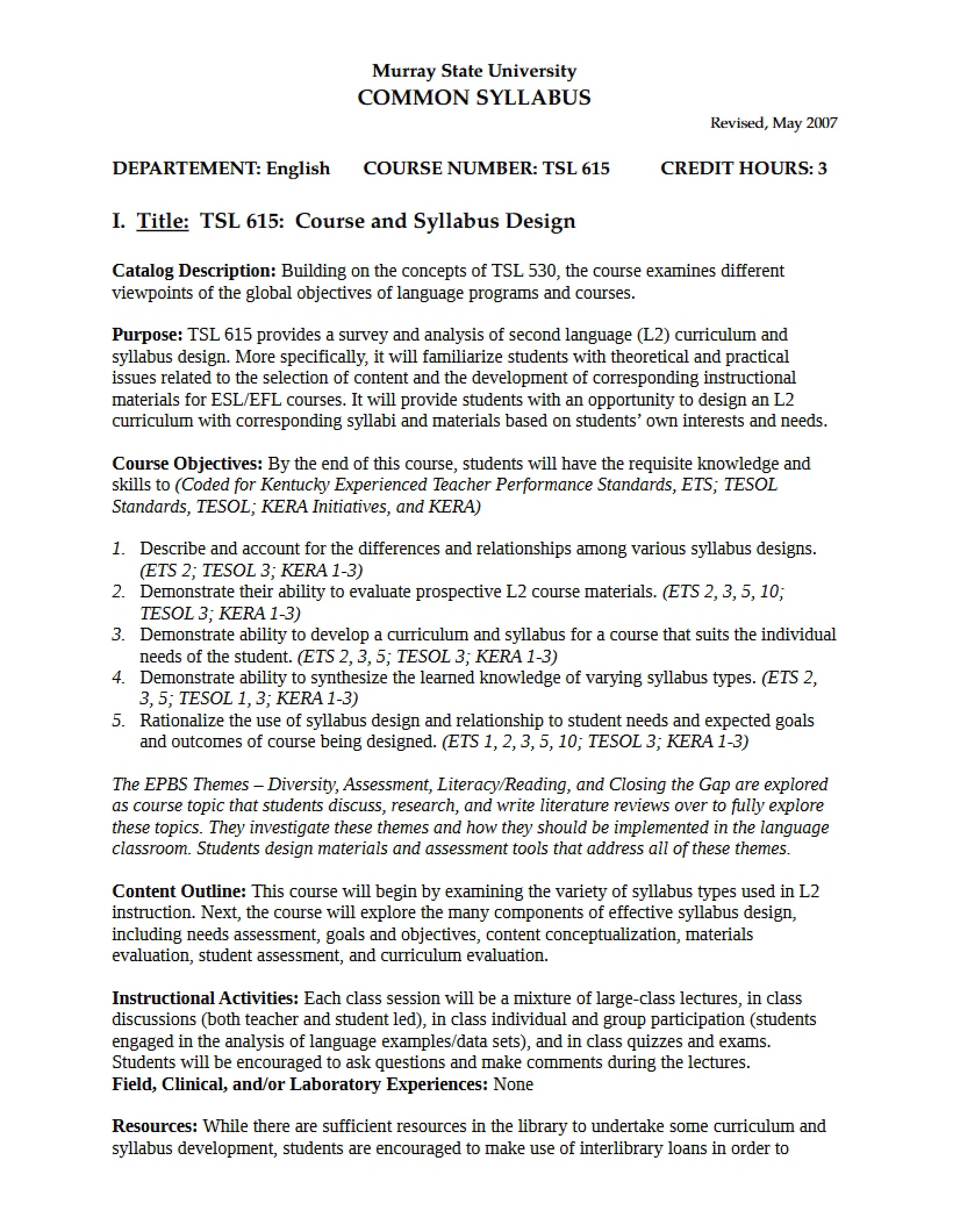 Syllabus - Course and Syllabus Design in ESL-EFL