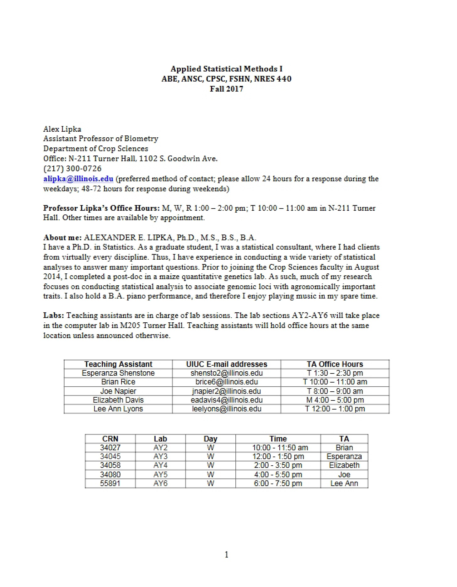 Applied Statistical Methods One