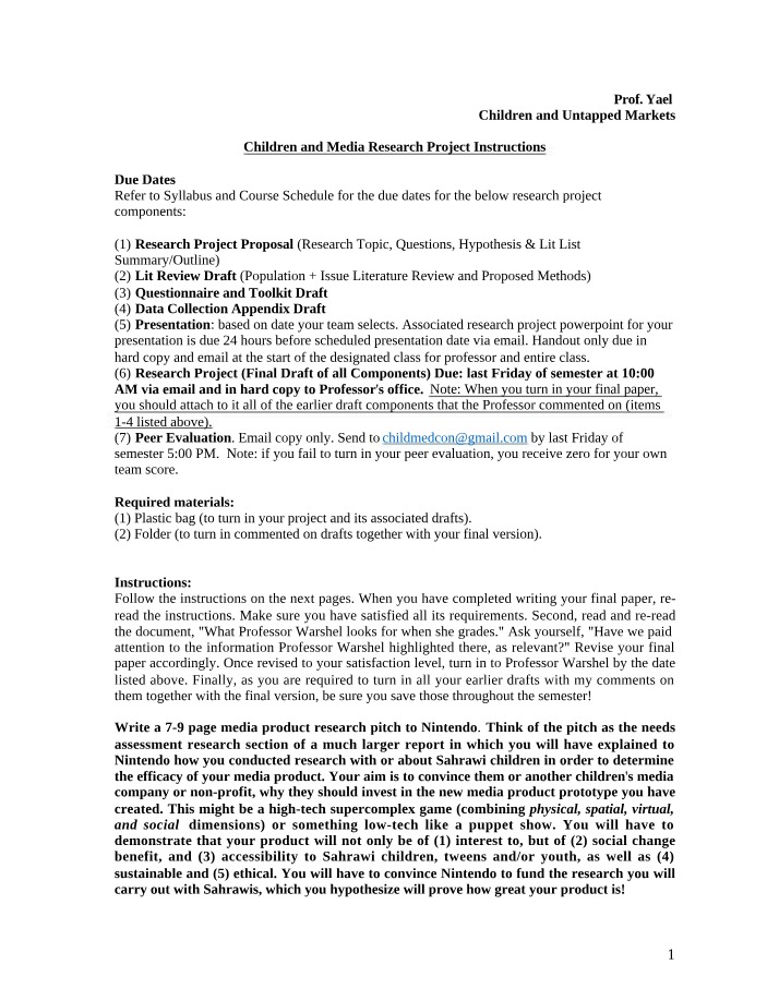 Instructions for Research Project on Children and Media