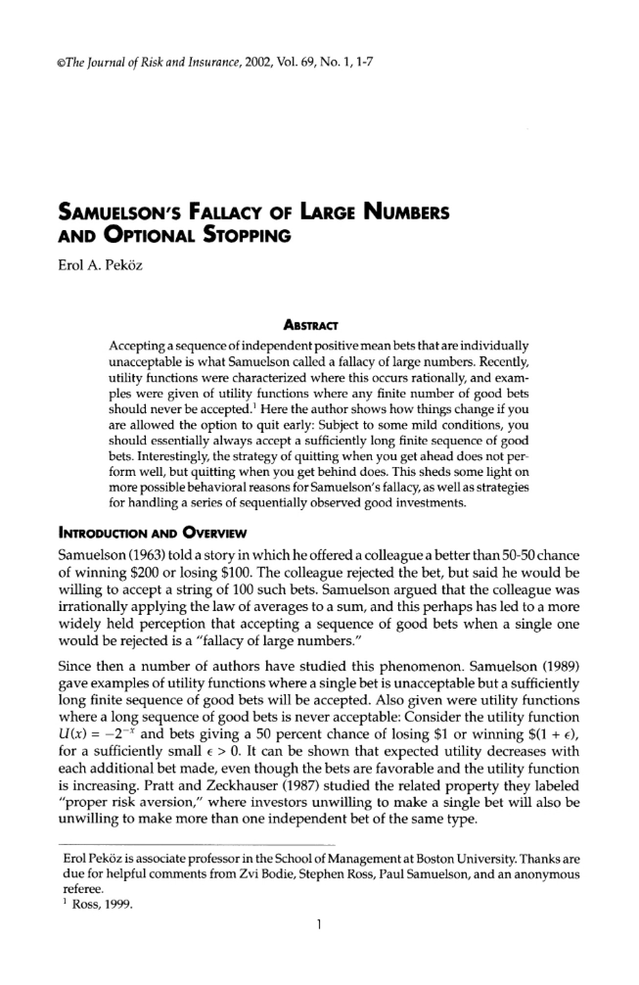 Samuelson's Fallacy of Large Numbers and Optional Stopping