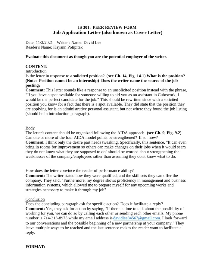 IS 301 Job Application Letter Peer Review