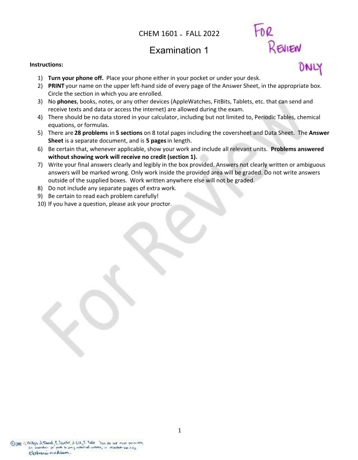 Instructions for Chemistry Exam 1