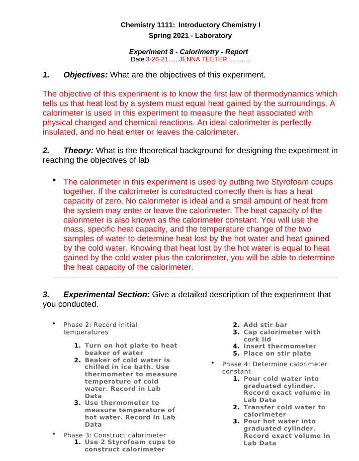 Calorimetry Report - Experiment 8