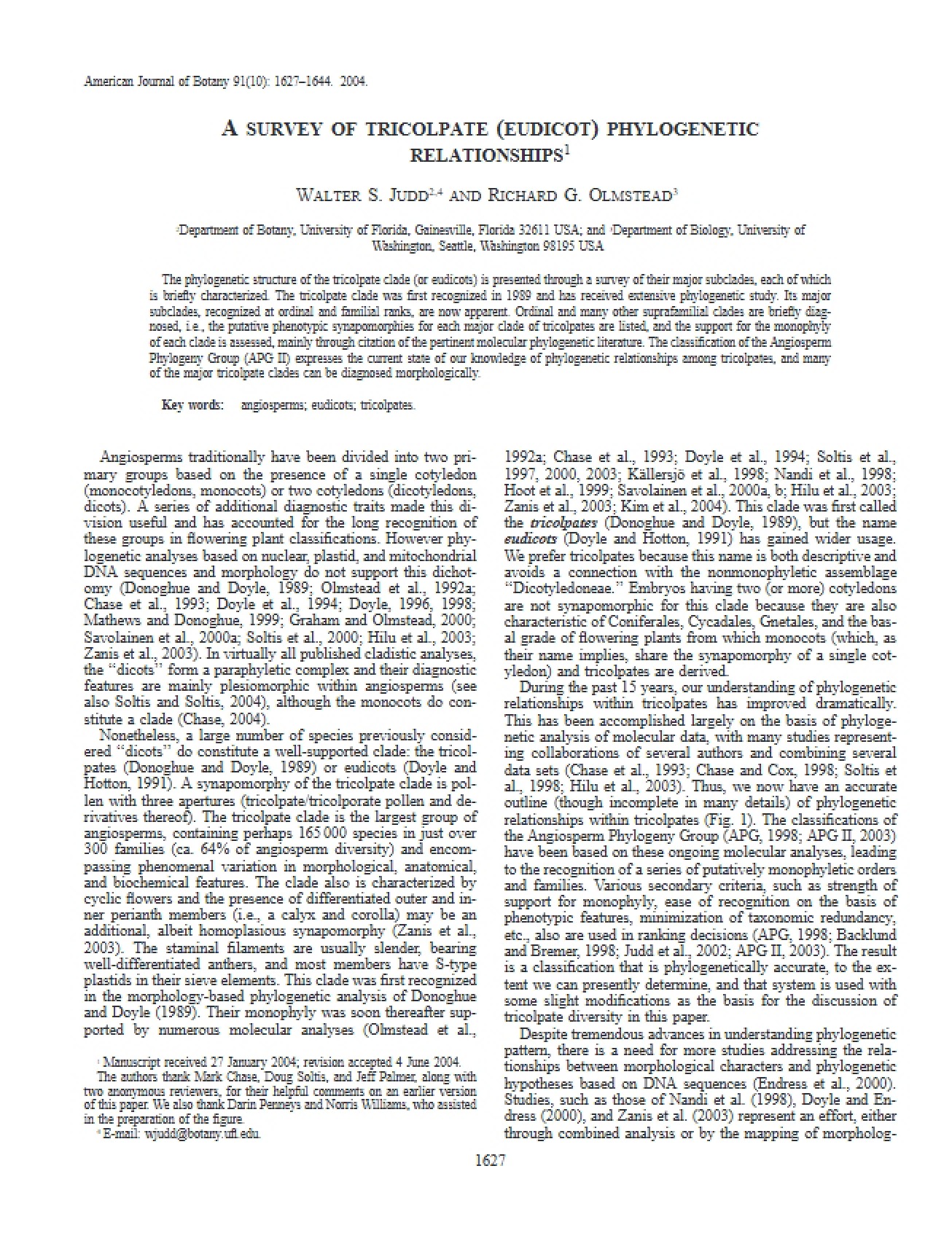 Phylogenetic Relationships of Tricolpates (Eudicots) Survey