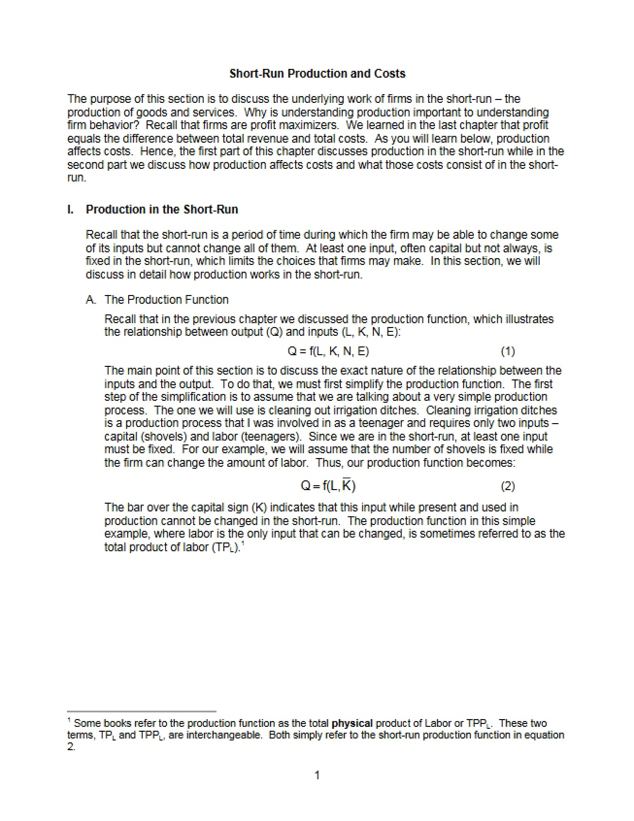 Costs and Production in the Short-Run