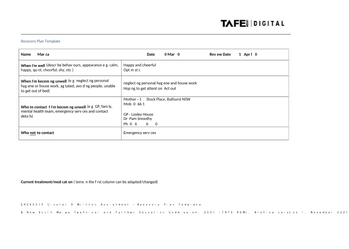 Recovery Plan Template - CHC43315 Cluster 3 Written Assignment