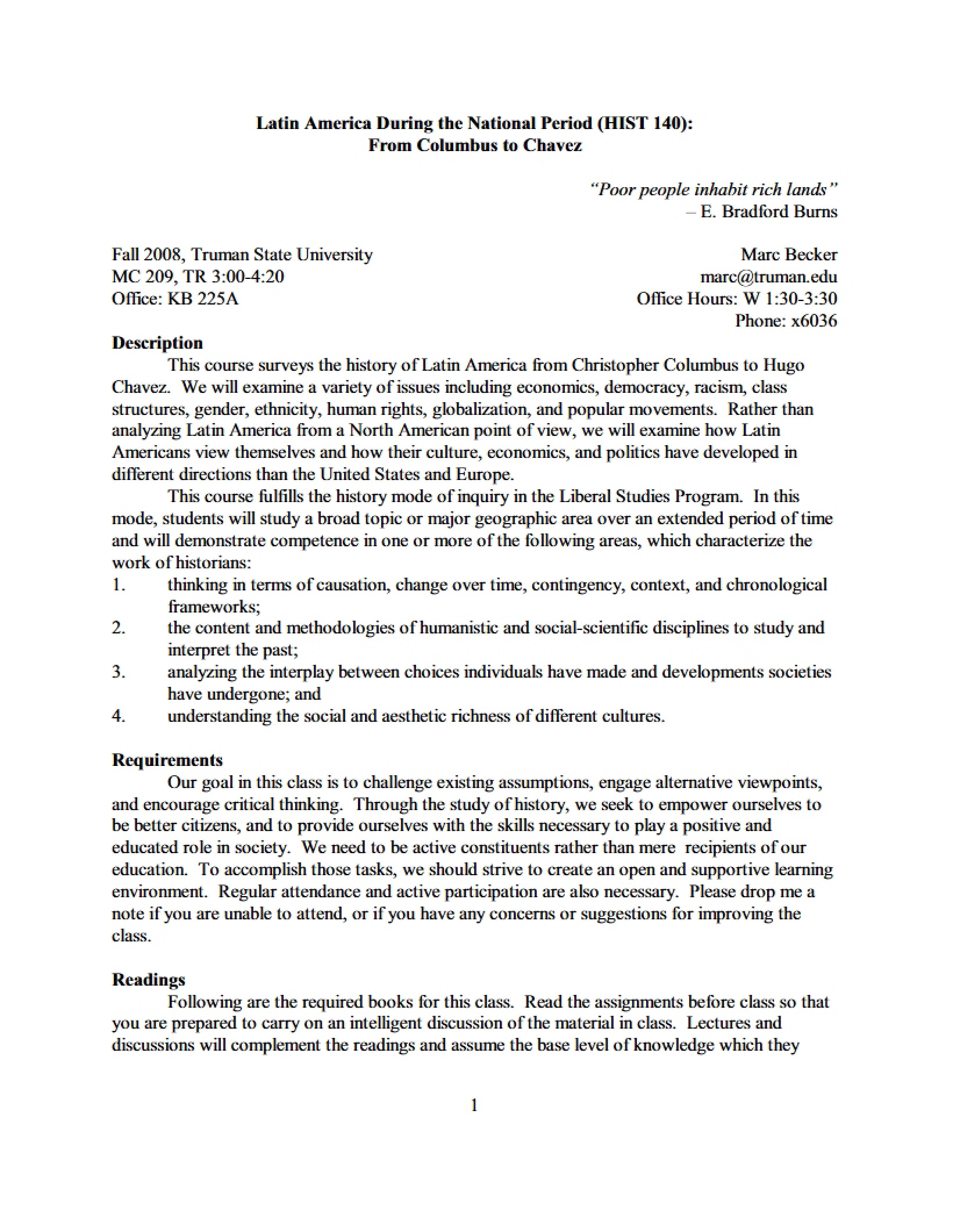 Syllabus for National Period Latin America