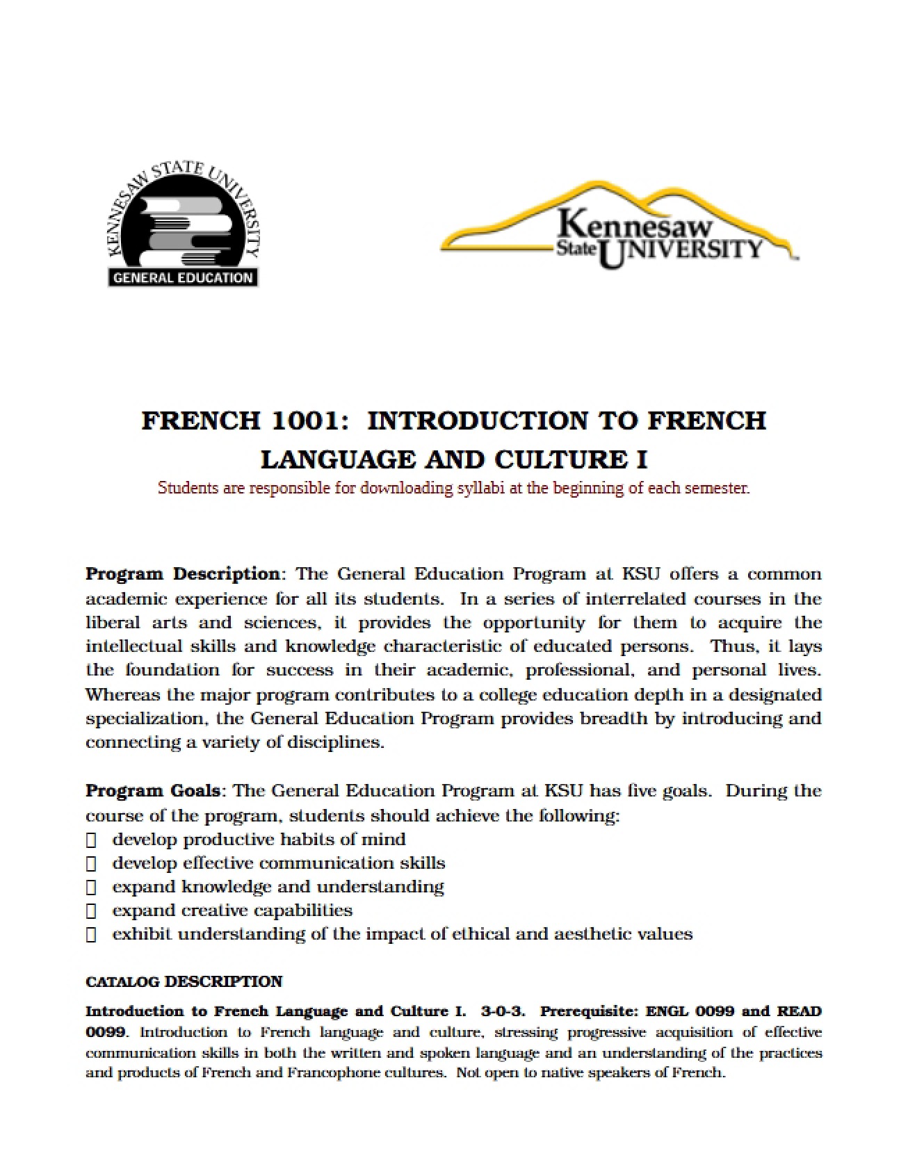 Introduction to French I Course Plan