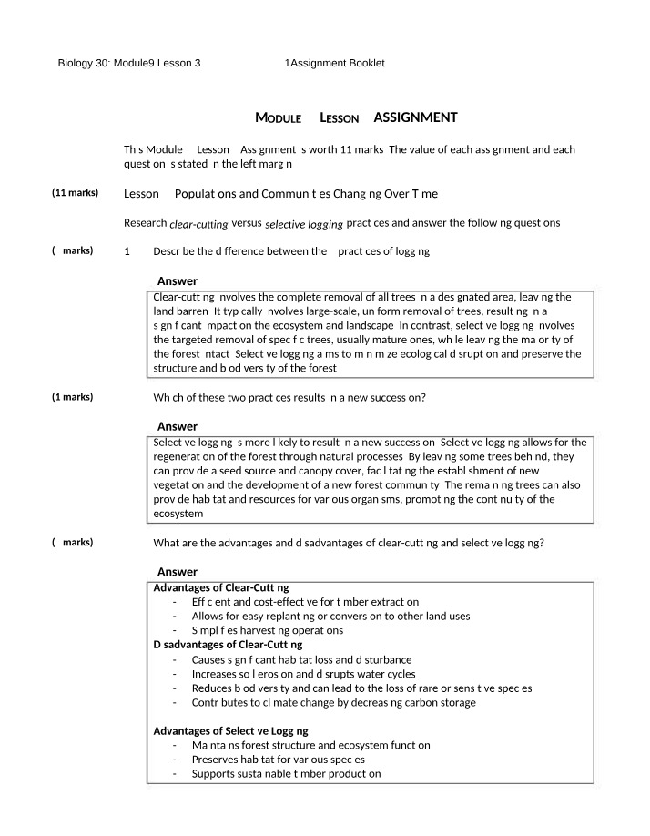 BIOLOGY 30 Module 9 - Lesson 3 Assignment
