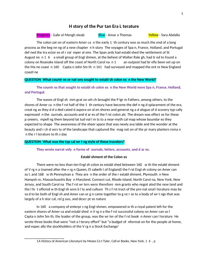 Puritan Era Literature - Colonization and Writing History