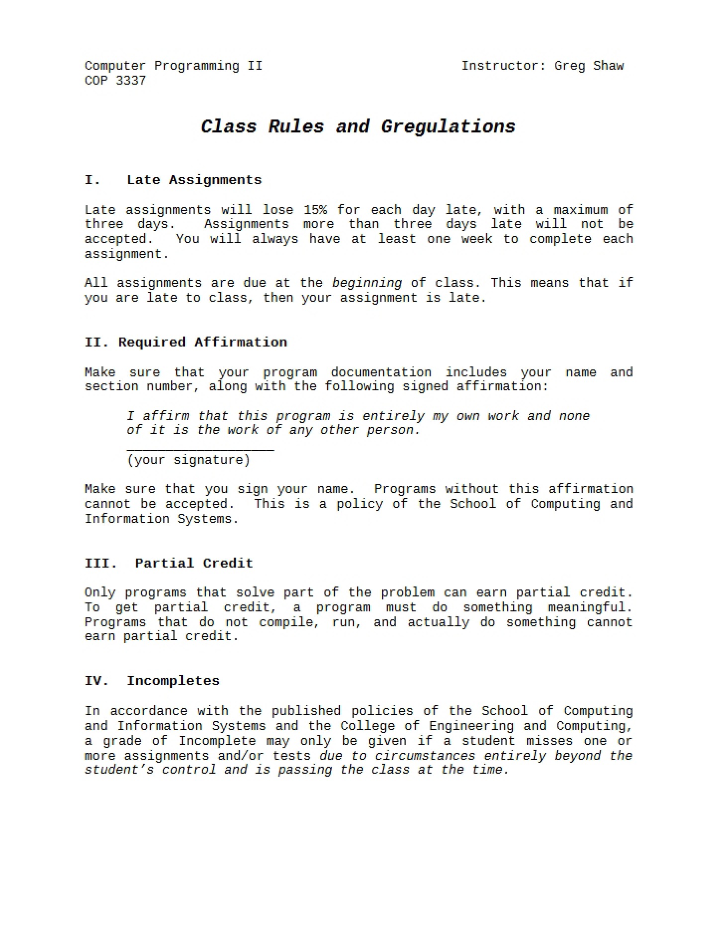 Regulations and Rules for Class