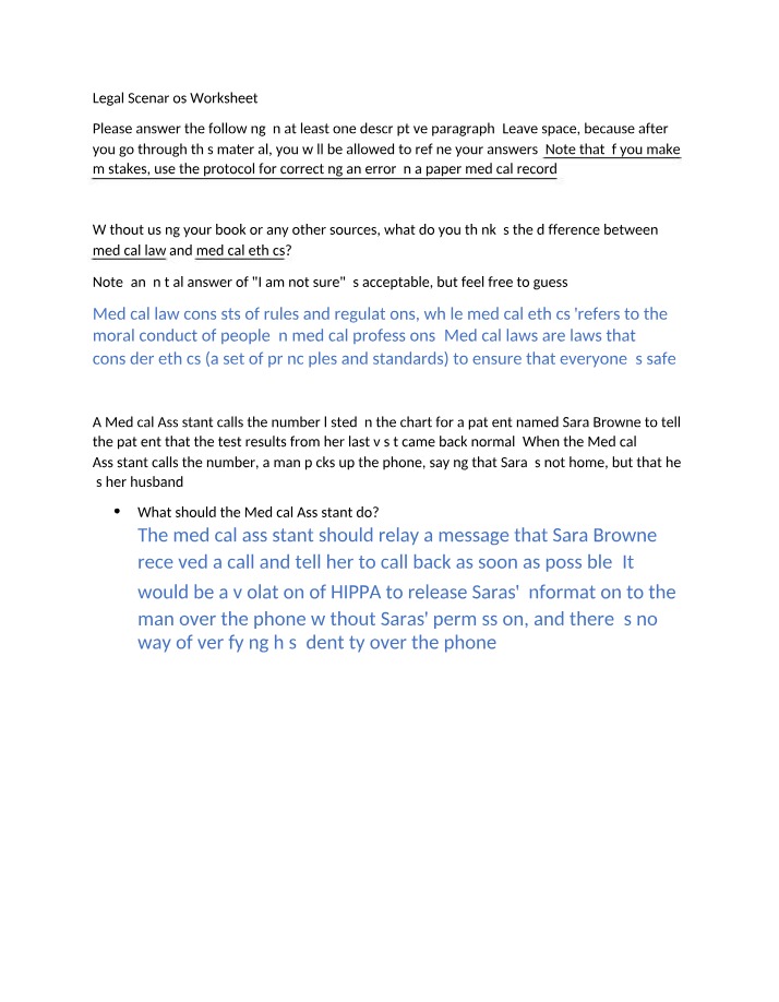 Worksheet on Legal Scenarios