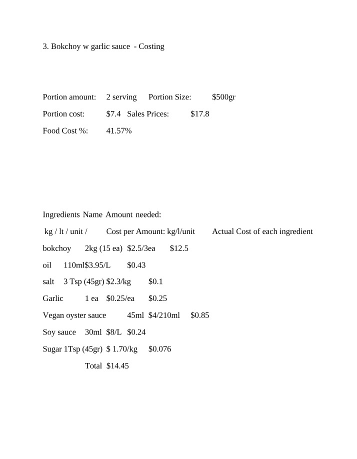 Costing for Bok Choy with Garlic Sauce