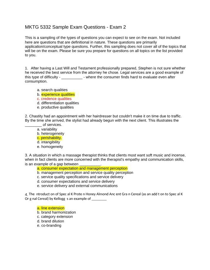 Sample Questions for MKTG 5332 Exam 2