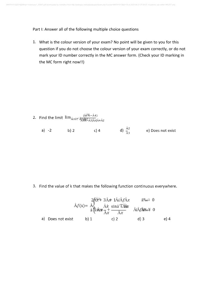MATH1013 Final Exam 2016 Practice Questions