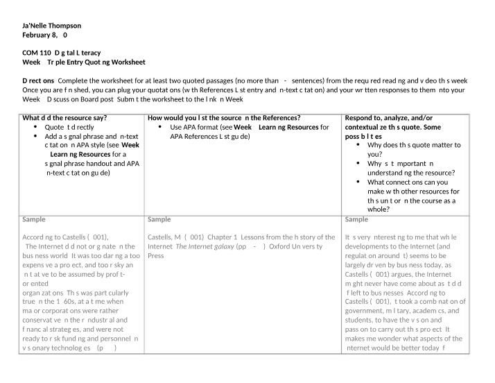 Worksheet - Triple Entry Quoting