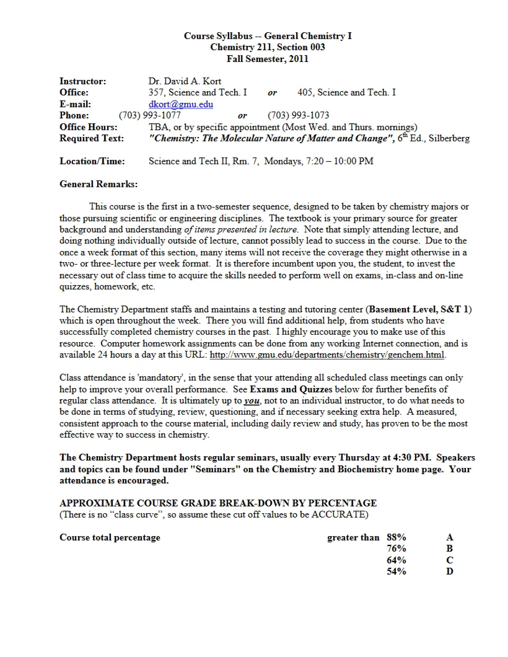 General Chemistry One Syllabus