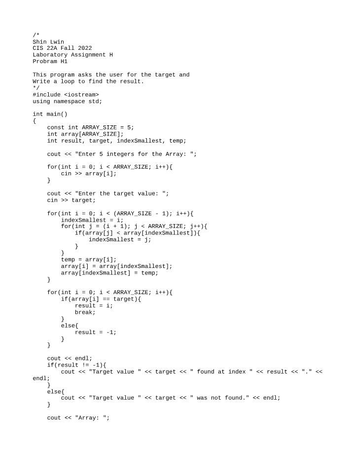 CS102 Laboratory Assignment H