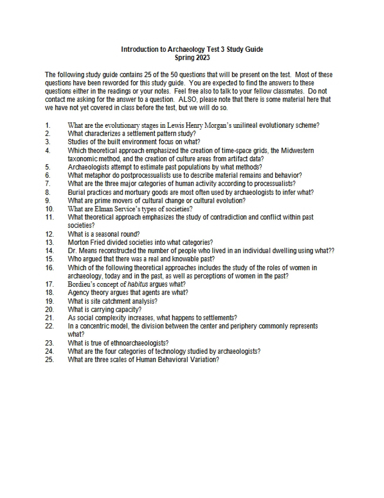 Study Guide for Test 3 (Intro to Archaeology) - 1 Pages