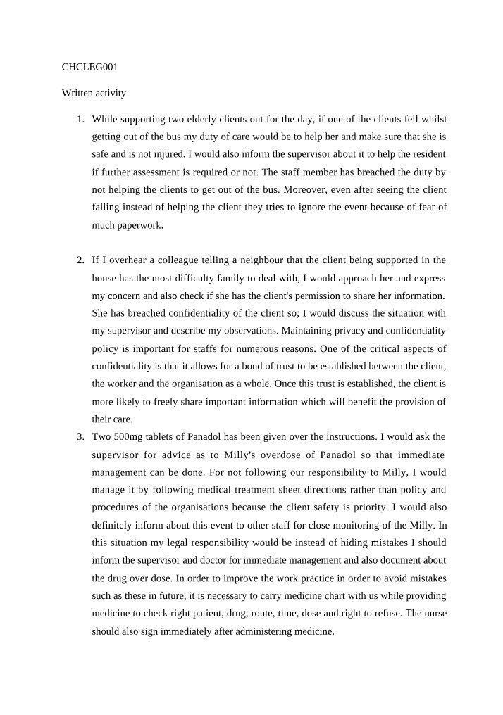 Written Activity for CHCLEG001