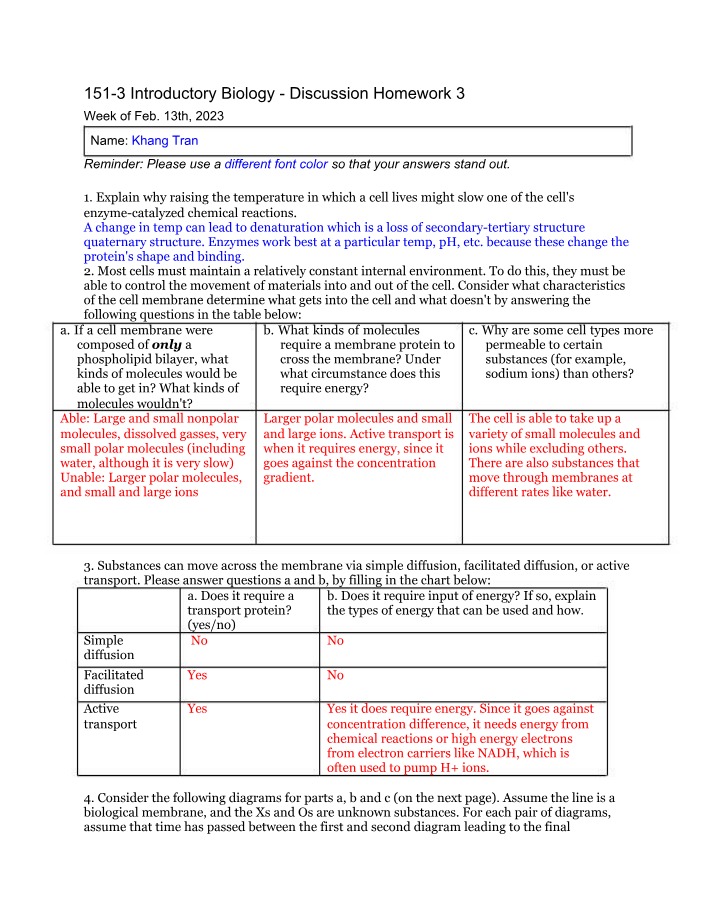 ZOOLOGY 151 - Introductory Biology Discussion Homework 3