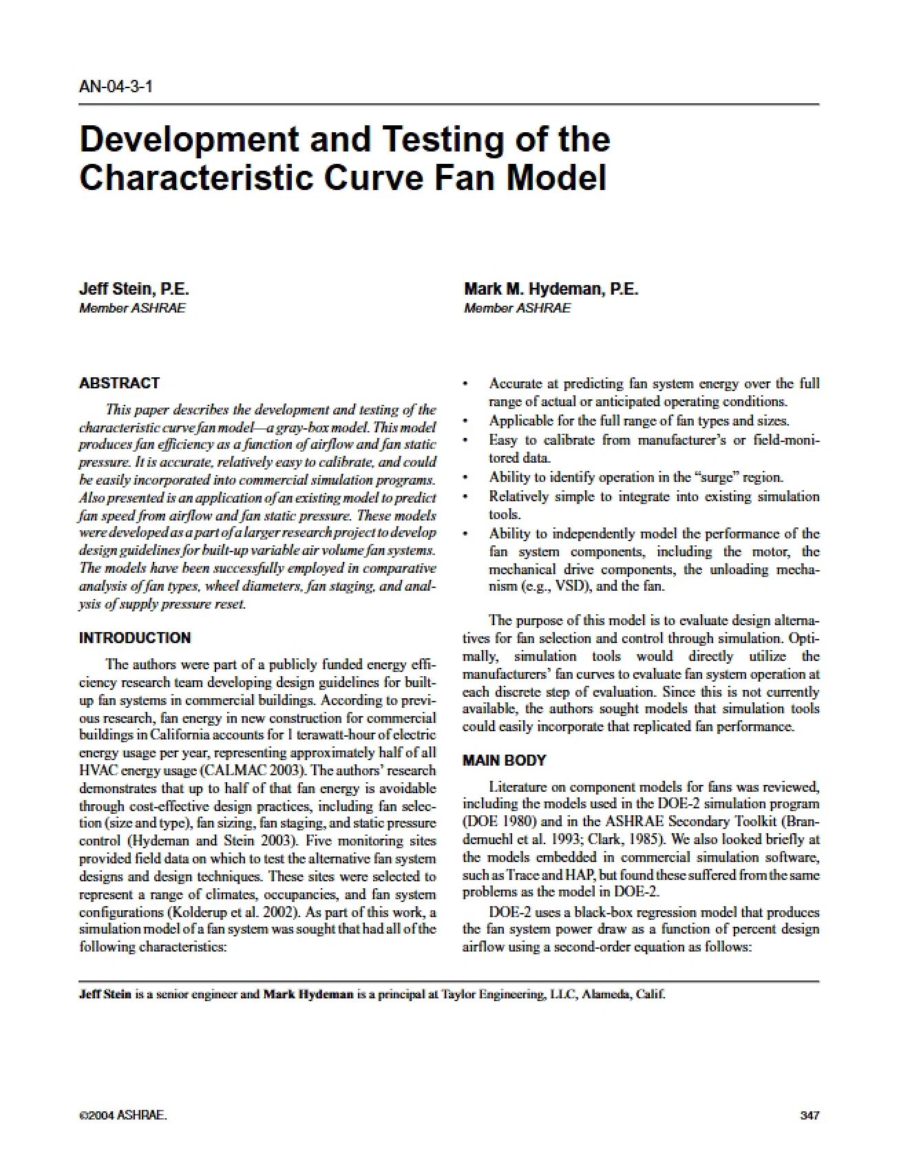 Characteristic Performance Curve Fan Model
