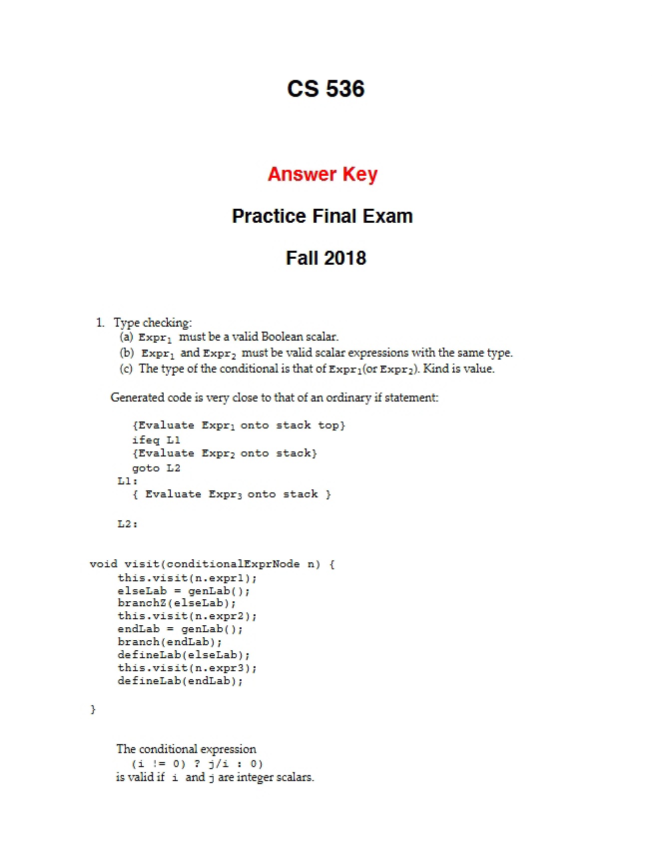 Fall 2018 Practice Final Answer Key