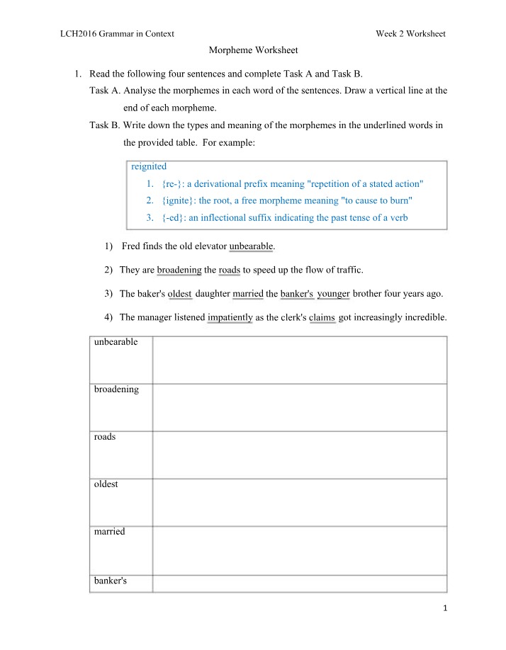Worksheet - Analyzing Morphemes in Sentences