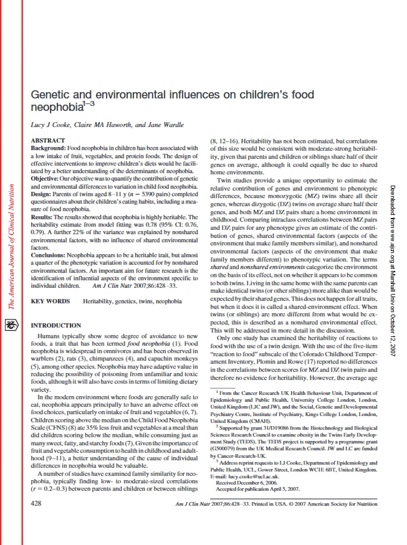 Food Neophobia in Children Environmental and Genetic Influences