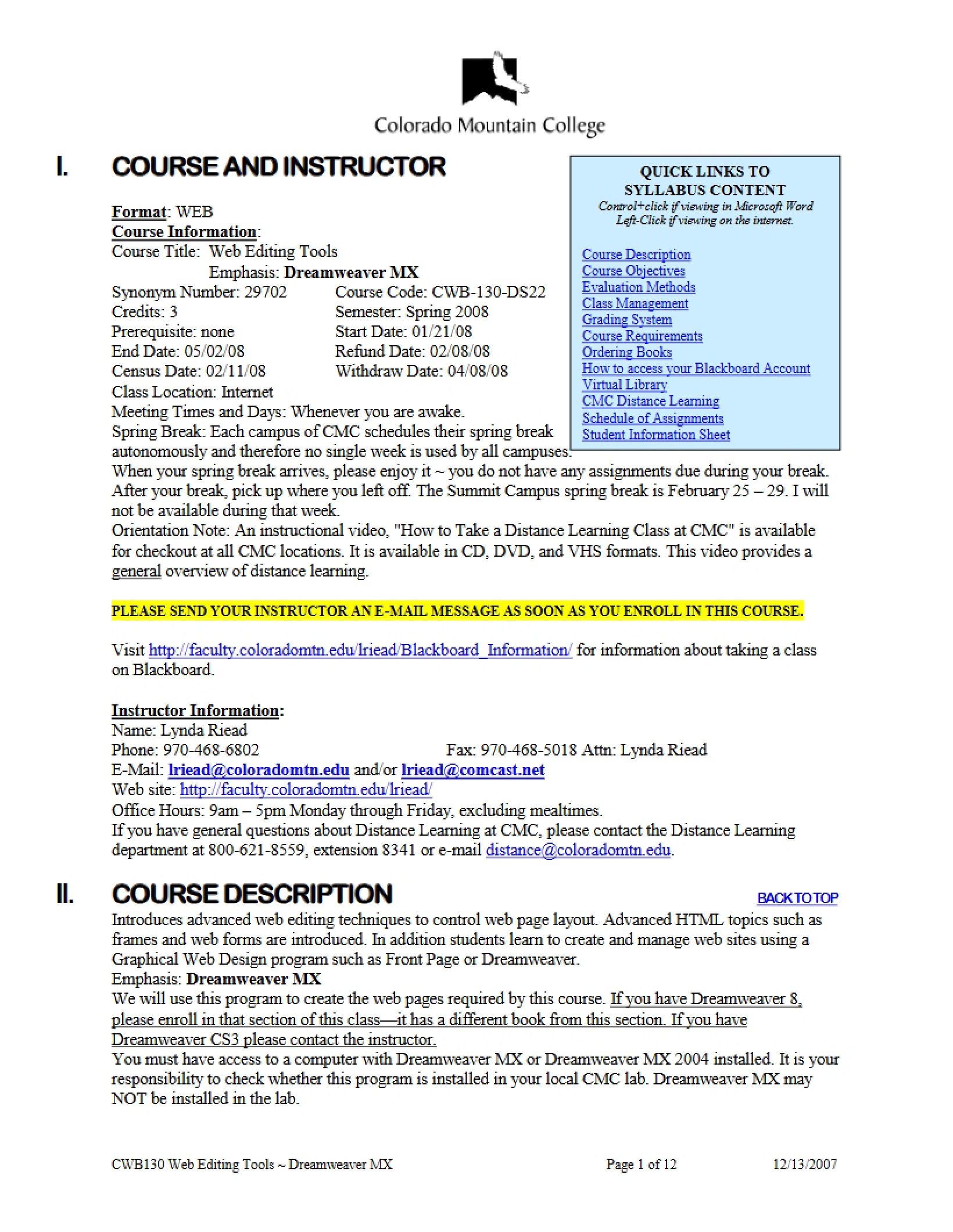 Course Outline for Web Editing Tools