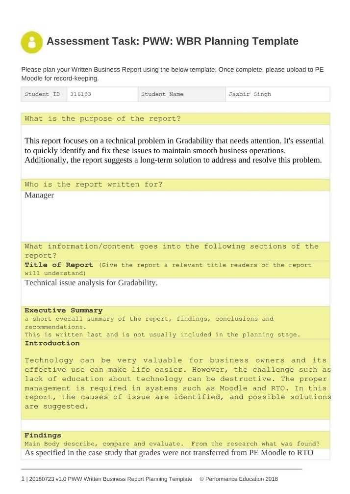 Written Business Report Planning Template
