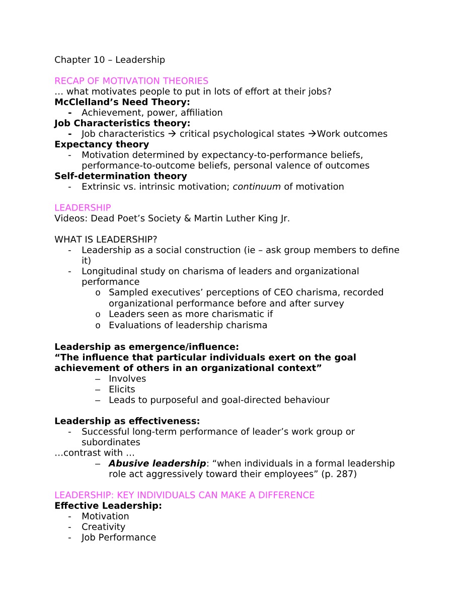 Notes on Leadership Theories and Concepts