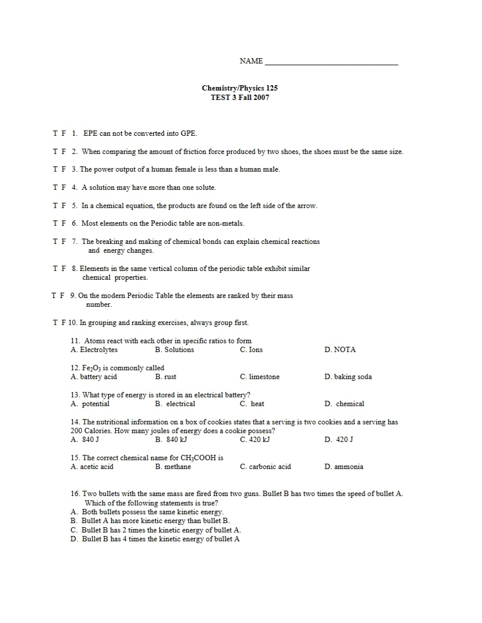 Third Physical Science Test