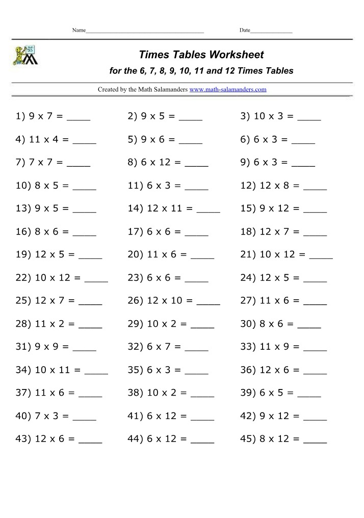 Worksheet on Times Tables