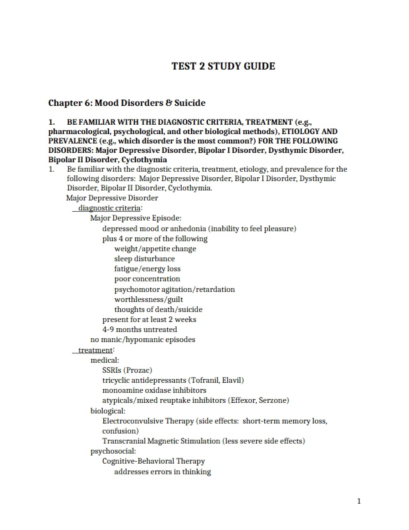 Study Guide for the Second Test in Abnormal Psychology