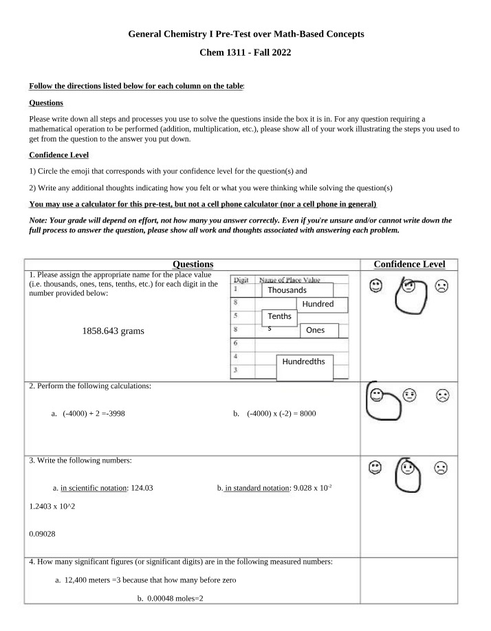 General Chemistry I Pre-Test - Math-Based Concepts