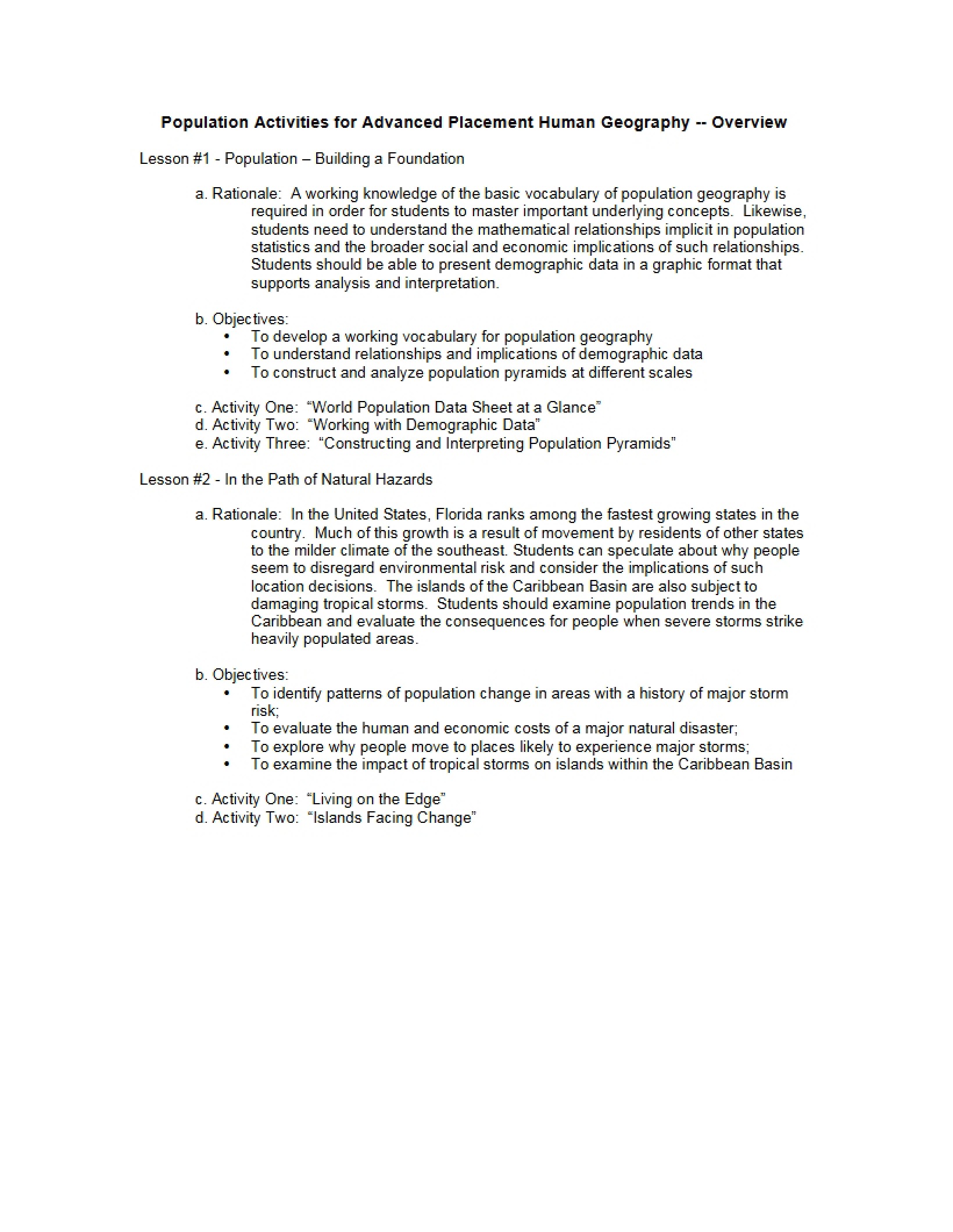 AP Human Geography Population Activities