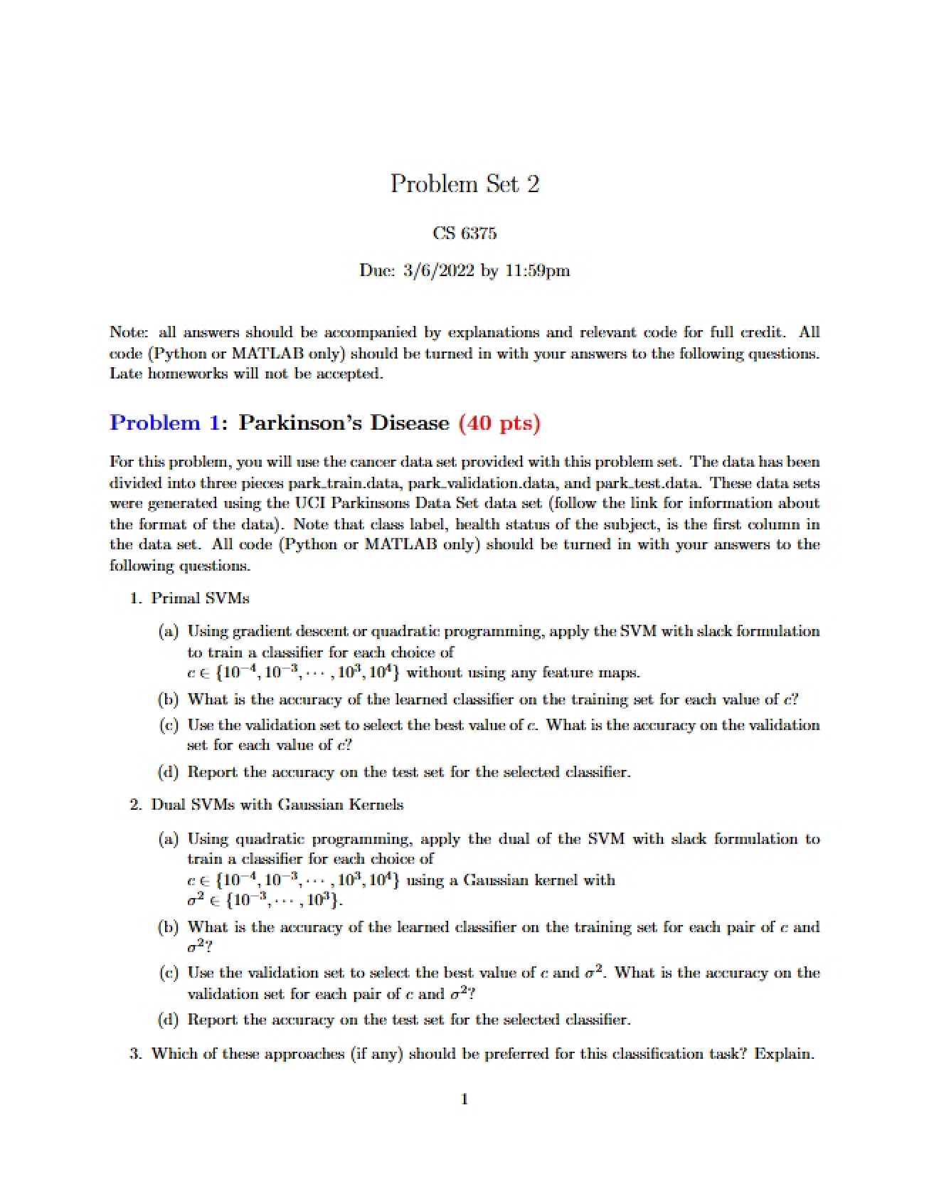 Second Problem Set for Machine Learning