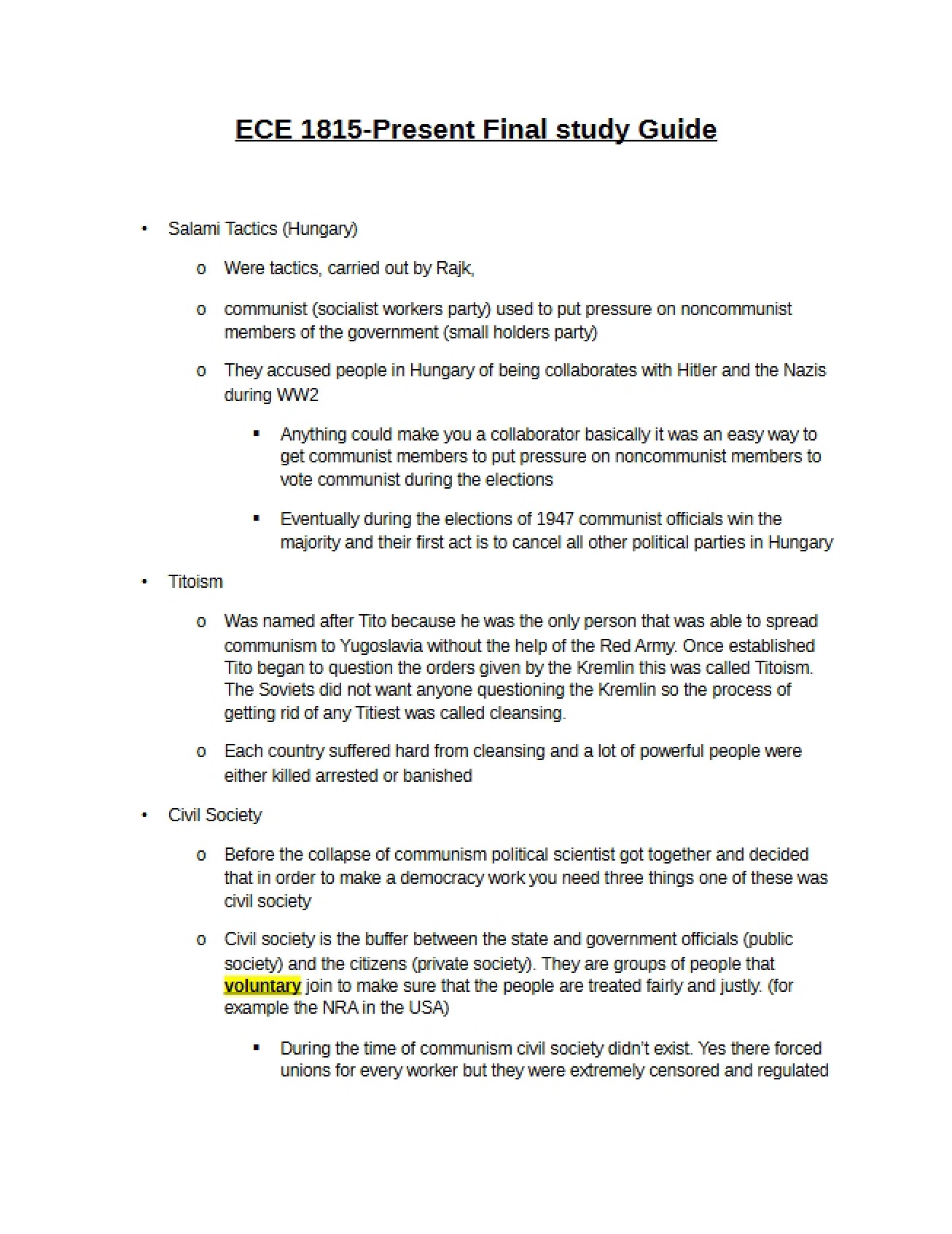 East Central Europe Final Exam Study Guide