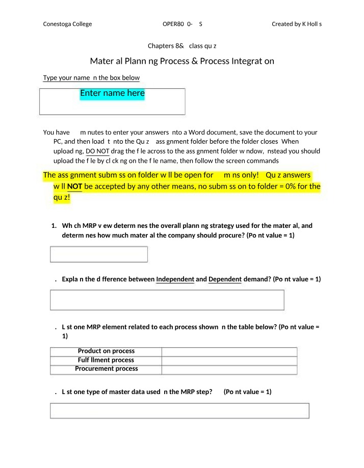 Quiz on Material Planning Process and Integration