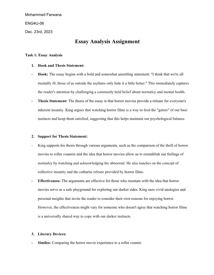 Essay Analysis - Course Assignment