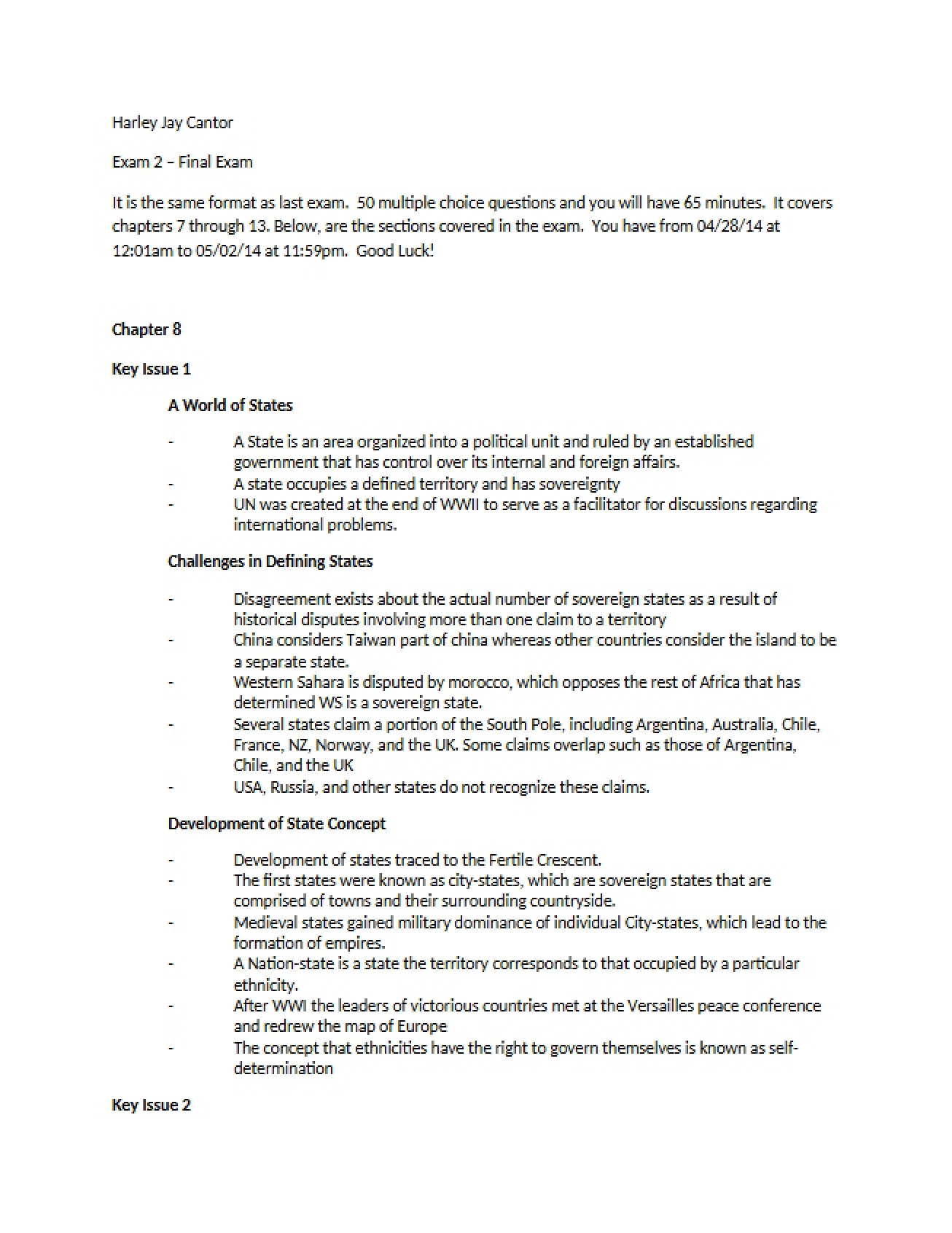 Final Examination (Exam 2) in Human Geography