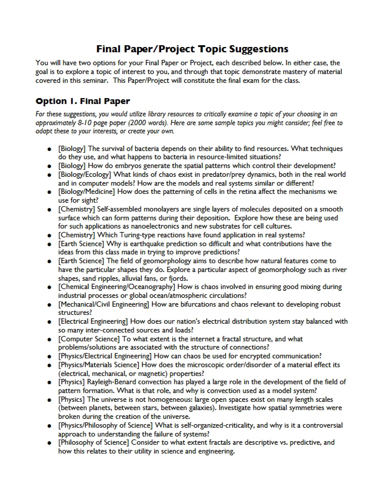 Suggestions for Final Paper Project Topic