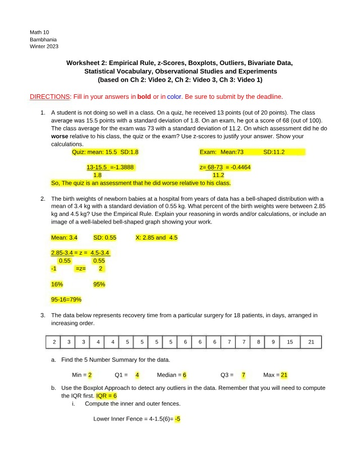 Winter Math 10 - Empirical Rule, z-Scores, Boxplots, and Outliers