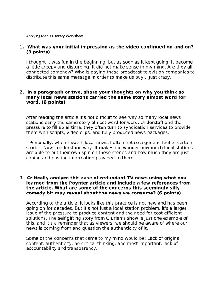 Worksheet on Applying Media Literacy