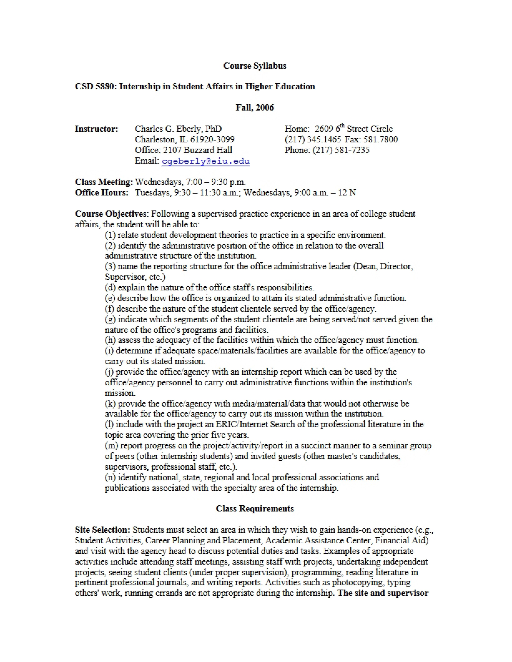 Syllabus for Supervised Experience