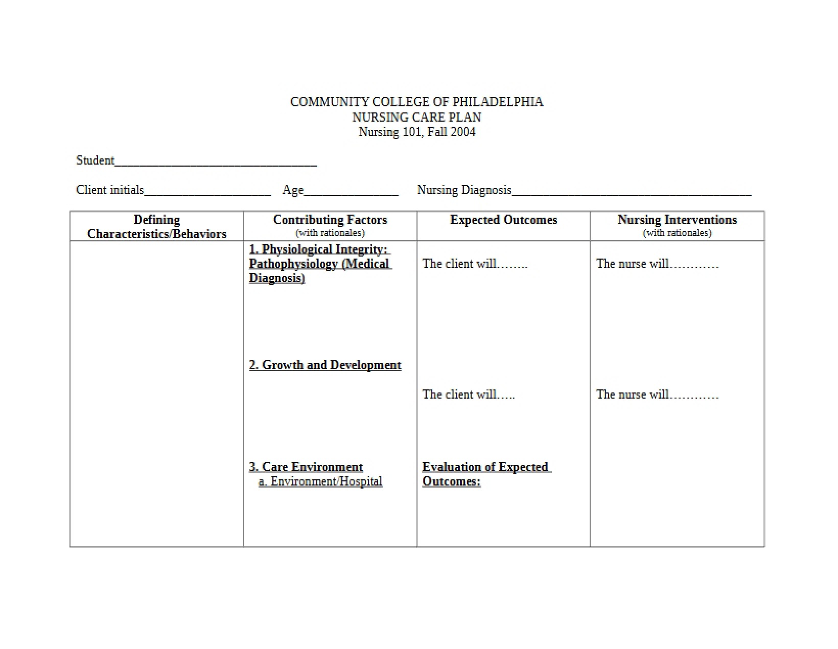 Plan for Nursing Care