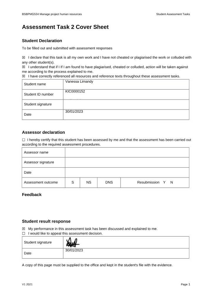 Cover Sheet - Assessment Task 2